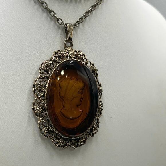Vintage Brown Topaz Glass CAMEO Intaglio PENDANT Necklace‎ victorian revival - Picture 3 of 7